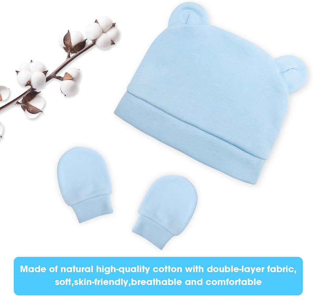 Newborn Baby Hats and Mittens Set Bear Ear Baby Beanie No Scratch Cotton Infant Caps Gloves Newborn Hats for Boys Girls