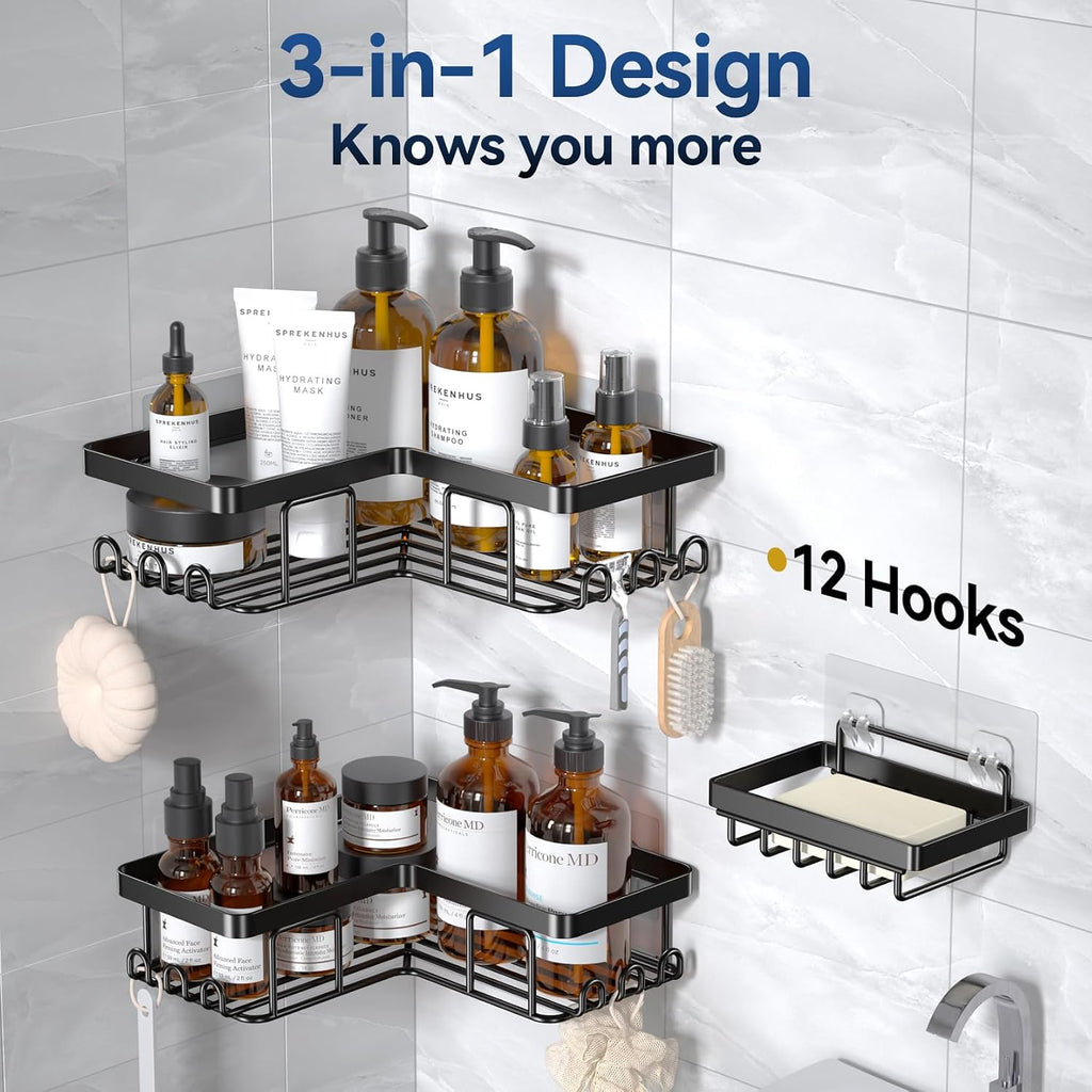 Corner Adhesive Shower Caddy, with Soap Holder and 12 Hooks, Rustproof Stainless Steel Bathroom Organizer, No