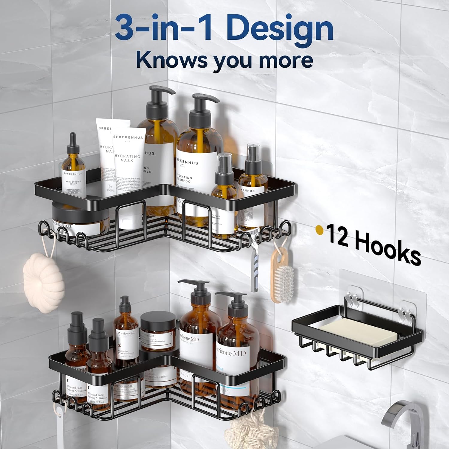 Corner Adhesive Shower Caddy, with Soap Holder and 12 Hooks, Rustproof Stainless Steel Bathroom Organizer, No