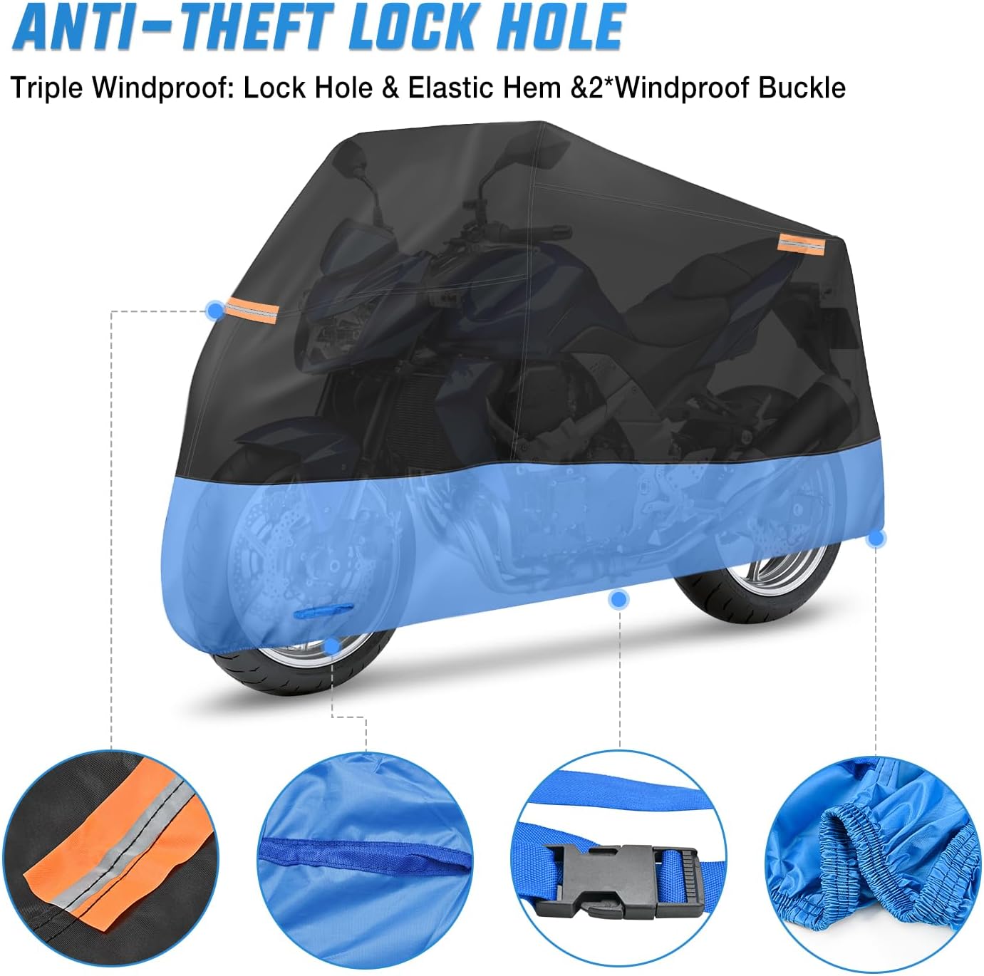 NIilight Motorcycle Cover Waterproof Outdoor All Weather, Up to 108 in | Oxford Fabric with Lock Holes, Reflective
