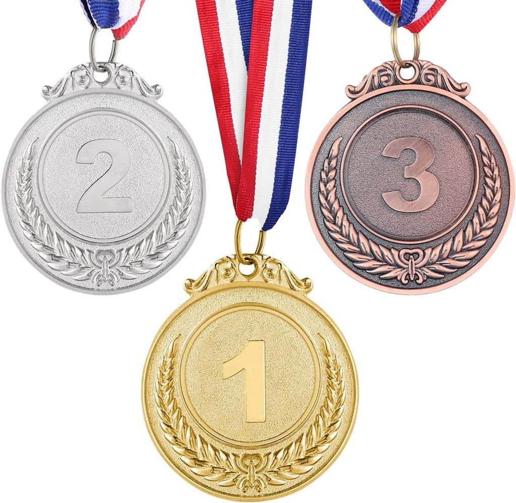 Metal Award Medals with Neck Ribbon Gold Silver Bronze Style for Children Sports or Any Competition,Pack of 3