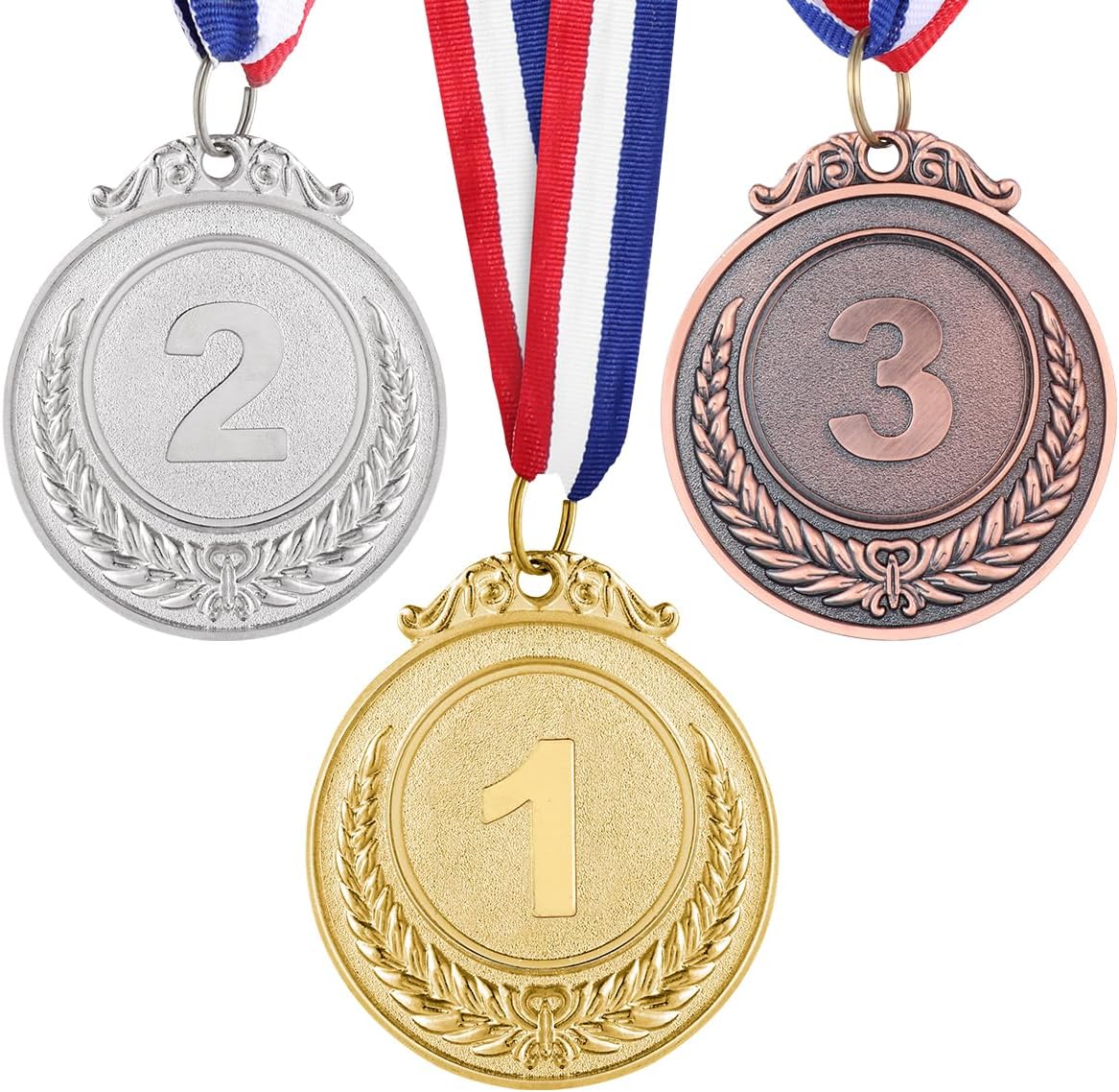 Metal Award Medals with Neck Ribbon Gold Silver Bronze Style for Children Sports or Any Competition,Pack of 3