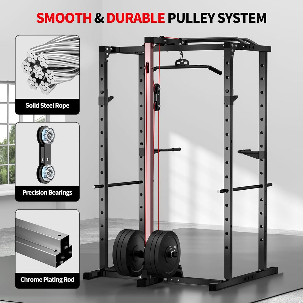 Power Rack with LAT Pulldown, 2000LBS Power Cage with Cable System, Multi-Function Squat Rack with J-Hooks, Safety