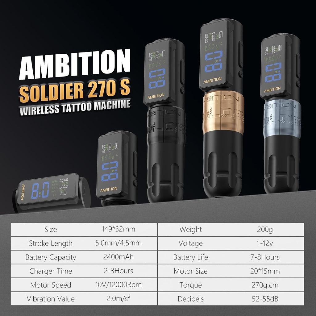 Soldier 270 S Wireless Tattoo Pen Machine, Rotary Tattoo Gun with Dual 2400 mAh Battery, 270 g.cm Torque Brushless