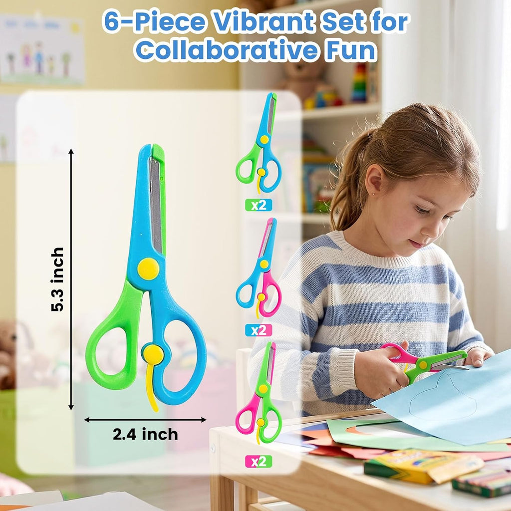 Kids Craft Scissors, 6PCS Blunt Tip Safety Scissors Stocking Stuffer for Toddler, Anti-Pinch Design for Child