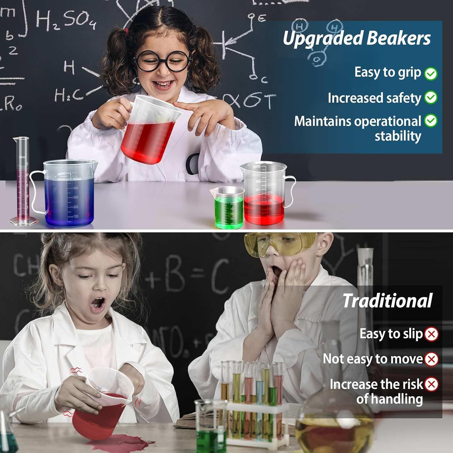 Upgraded Plastic Graduated Cylinders and Beakers, 10-1000ml 15PCS | 4 cylinders (10/25/50/100ml), 5 beakers