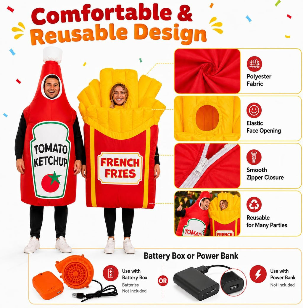 Adult Inflatable Couple Costume, Ketchup and Fries Party Outfits | Adult ketchup and fries inflatable couple costumes
