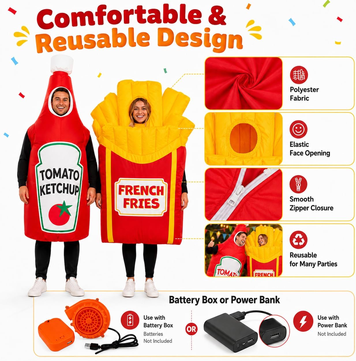 Adult Inflatable Couple Costume, Ketchup and Fries Party Outfits | Adult ketchup and fries inflatable couple costumes