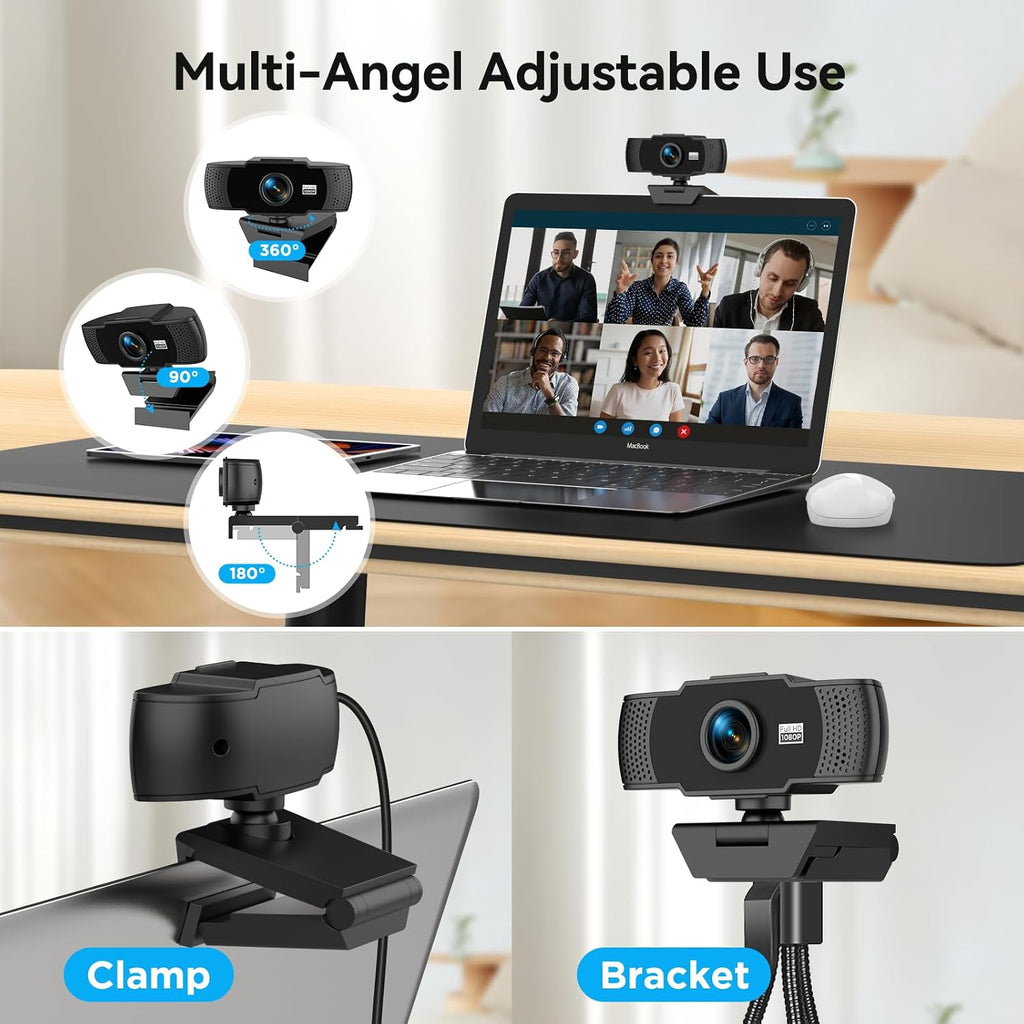 Full HD 1080P Webcam with Dual Microphones & Privacy Cover for PC, Desktop, Laptop, Plug&Play USB Computer Camera