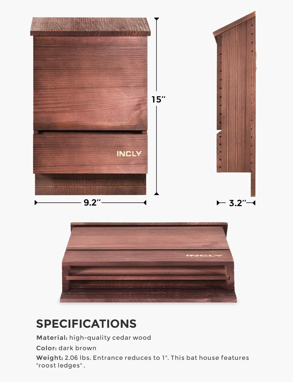 Bat House for Outdoors 15"x9.2"x3.2" Shelter Box kit Double Chamber Dark Natural Cedar Wood, Pre-Finished Easy to