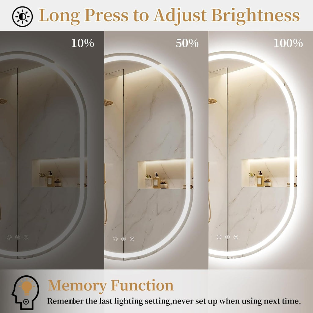 24x36'' Oval LED Lighted Bathroom Mirror with Lights | Frameless, Fogless, Dimmable, Shatterproof, Touch Sensor, 3