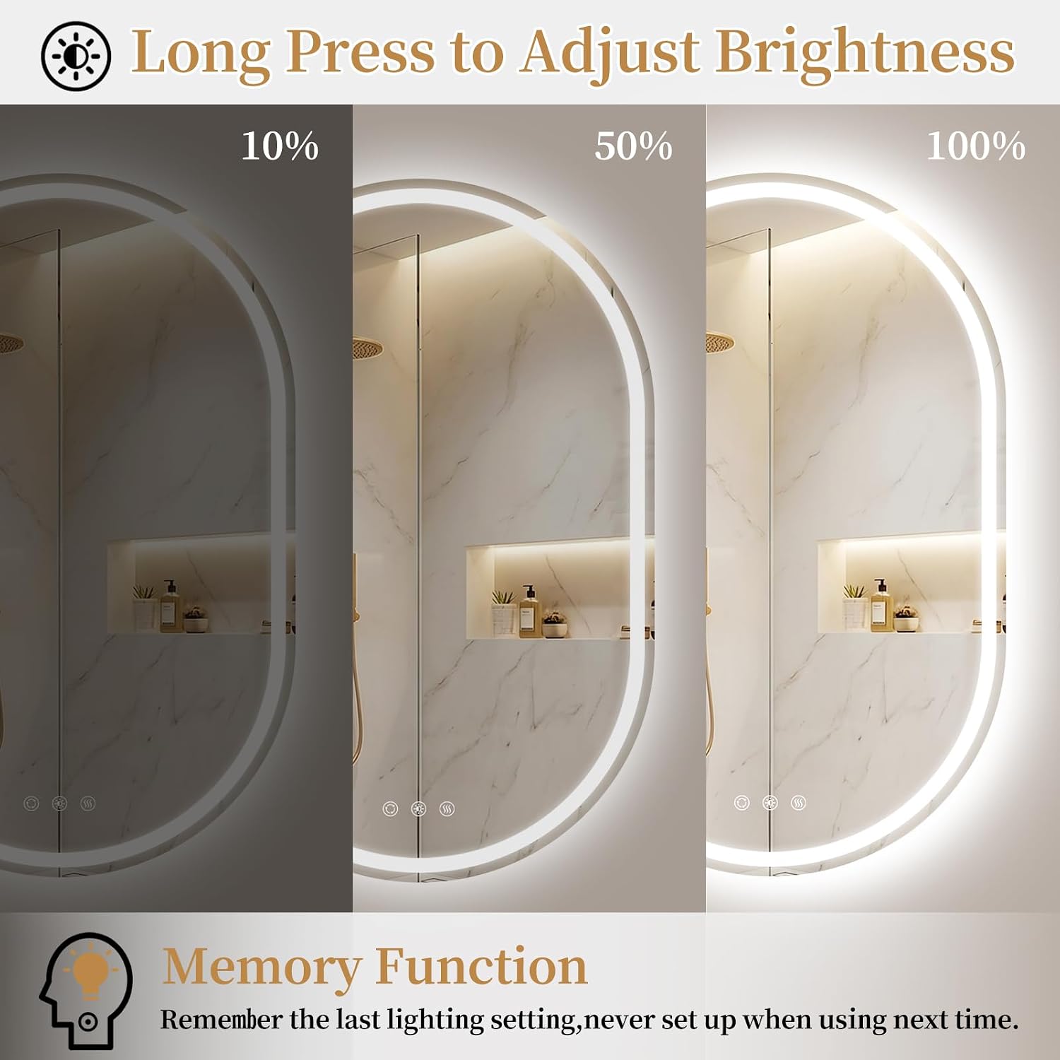 24x36'' Oval LED Lighted Bathroom Mirror with Lights | Frameless, Fogless, Dimmable, Shatterproof, Touch Sensor, 3