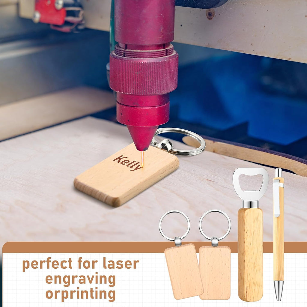 60 Pcs Laser Blanks Product Laser Engraving Material Kit Including DIY Wooden Blank Bottle Opener, Wooden Keychain