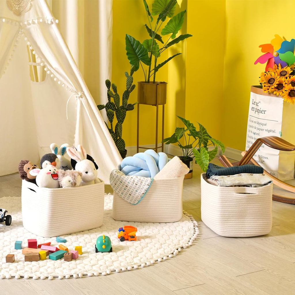Storage Baskets for Organizing Shelves, Woven Cotton Rope Bins for Baby Nursery Organization, Book Toy Towel