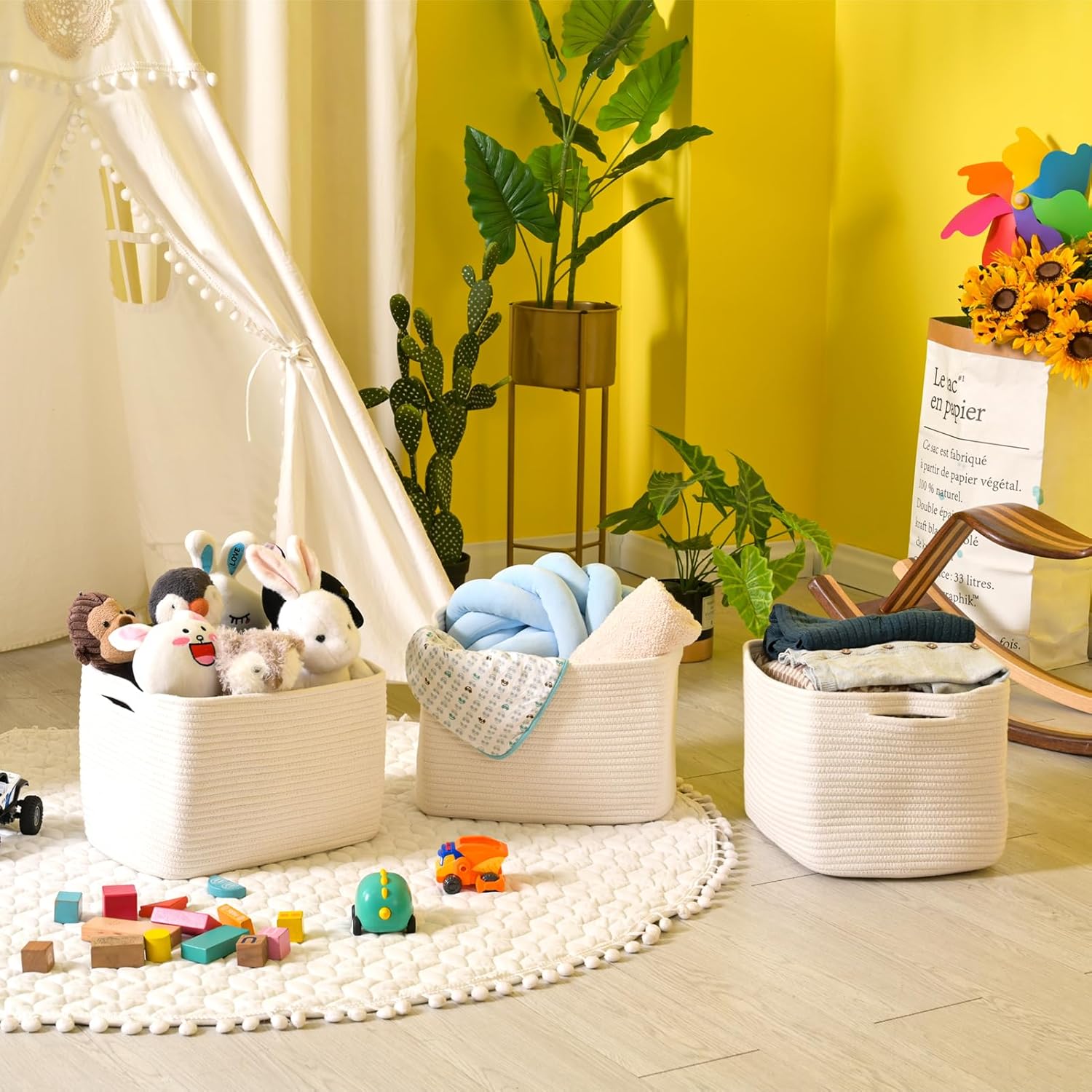 Storage Baskets for Organizing Shelves, Woven Cotton Rope Bins for Baby Nursery Organization, Book Toy Towel