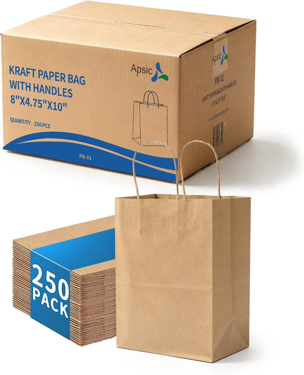 Brown Paper Bags with Handles, 250 Pack 8x4.75x10 Inch Shopping Gift Bags