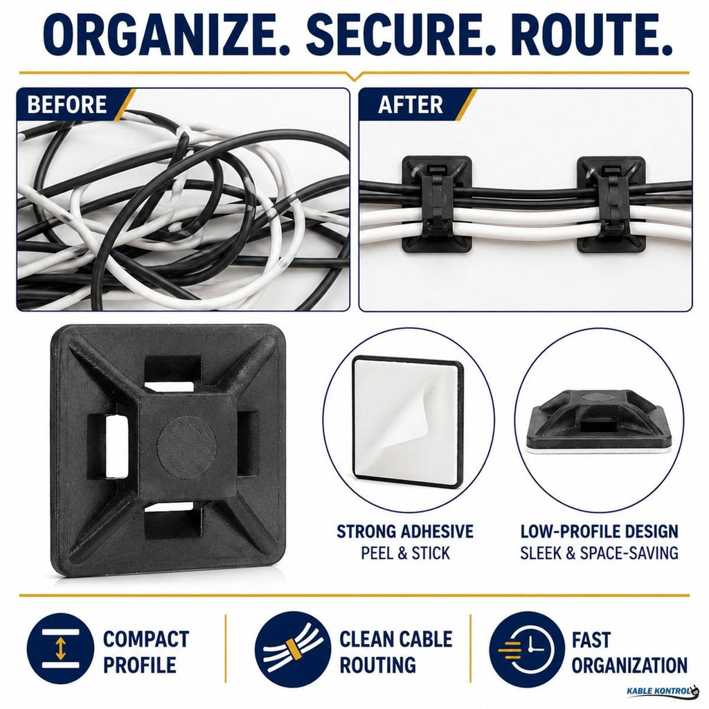 Kable Kontrol Zip Tie Mounts, 1/2” Black, 100 Pcs Adhesive Backed