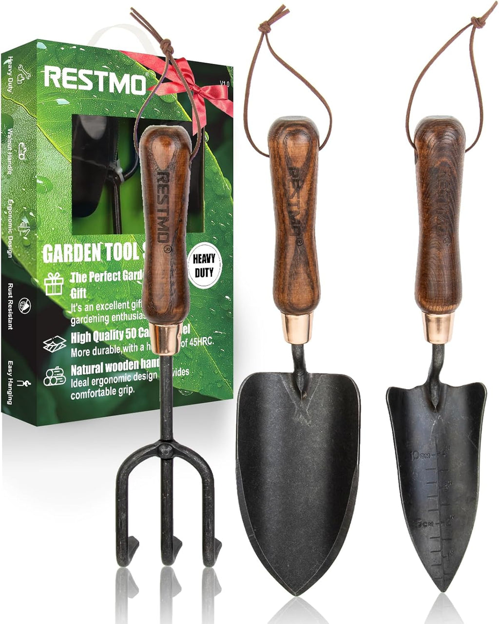 3-in-1 Heavy Duty Gardening Tools Kit, Premium Carbon Steel Garden Hand Tools with Ergonomic Wooden Handle Includes