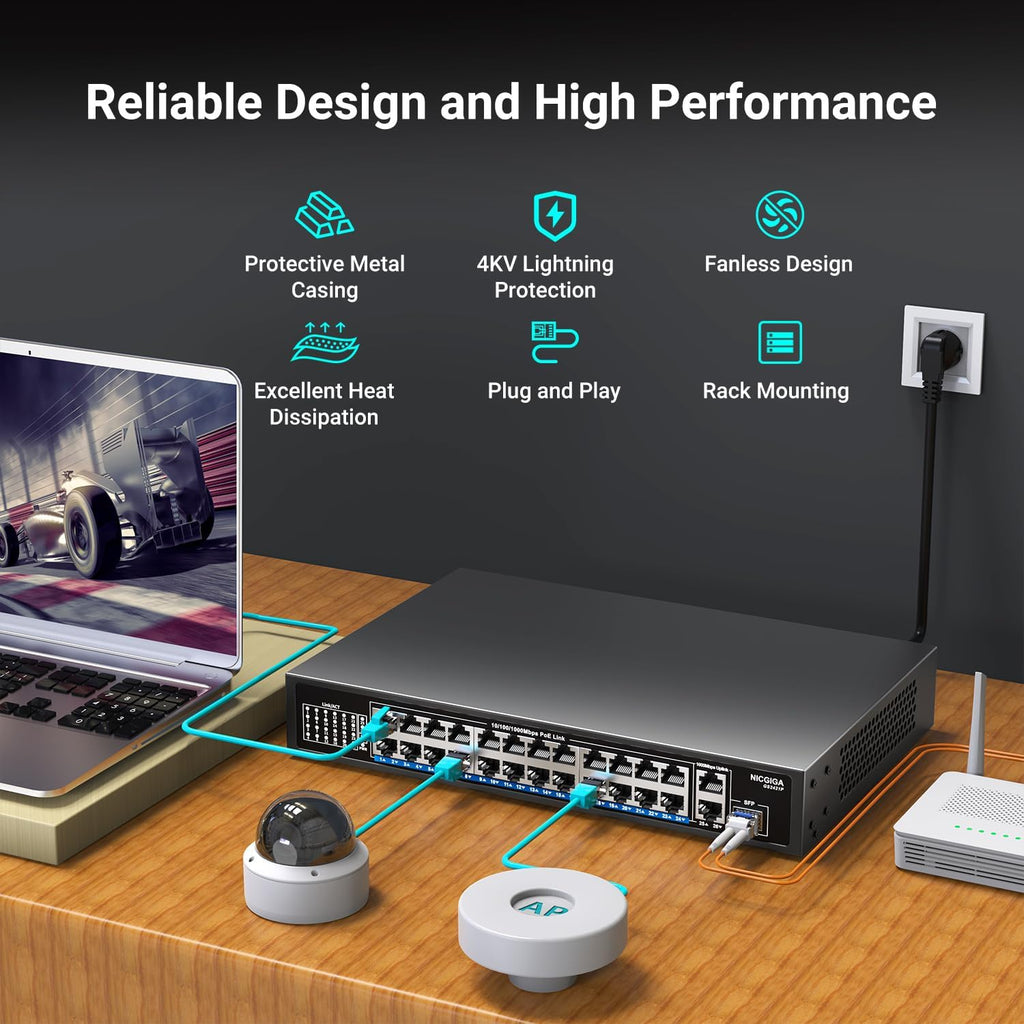 24-Port Gigabit PoE Switch with 24 PoE+@300W, 2 Gigabit Uplink Ports, 1 SFP, Sturdy Metal for Desktop/Rack Mount