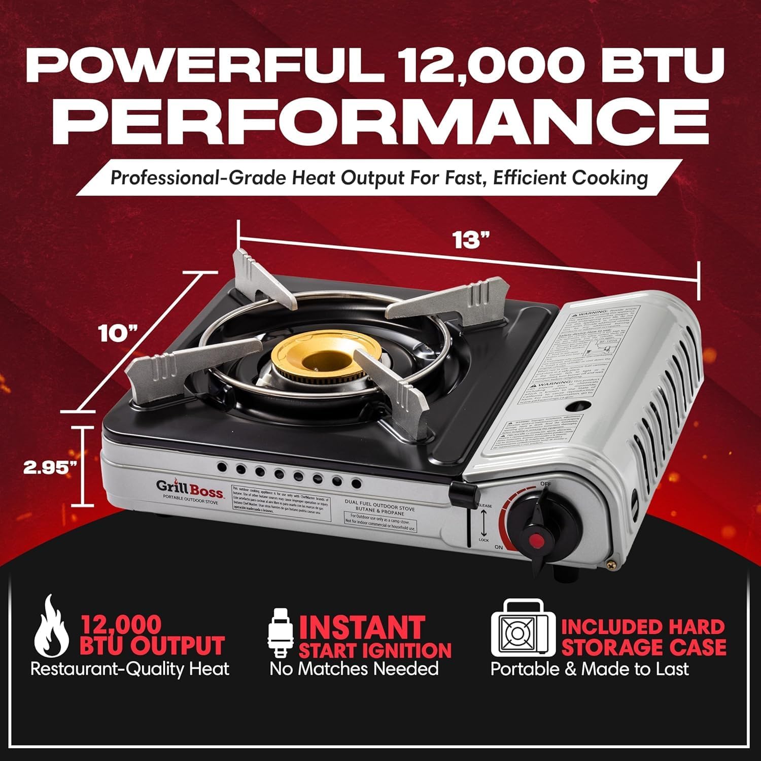 Grill Boss Dual Fuel Camp Stove - 12,000 BTU Butane & Propane Portable Stoves for Camping, Emergencies, BBQ, Hiking &