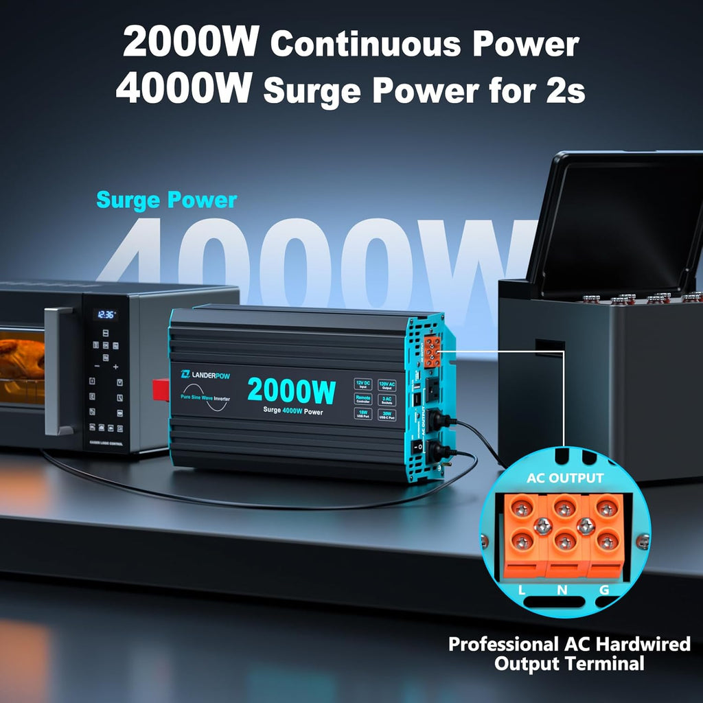 2000 Watt Inverter, 12V DC to 120V AC Pure Sine Wave 4000W Surge | Power Inverters with Remote Control, 3 AC Outlets