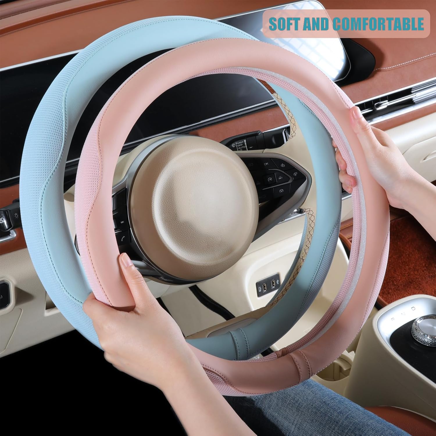 Nappa Leather Pink Steering Wheel Cover, Advanced Microfiber Leather Non-Slip Breathable Fabric, Warm in Winter and