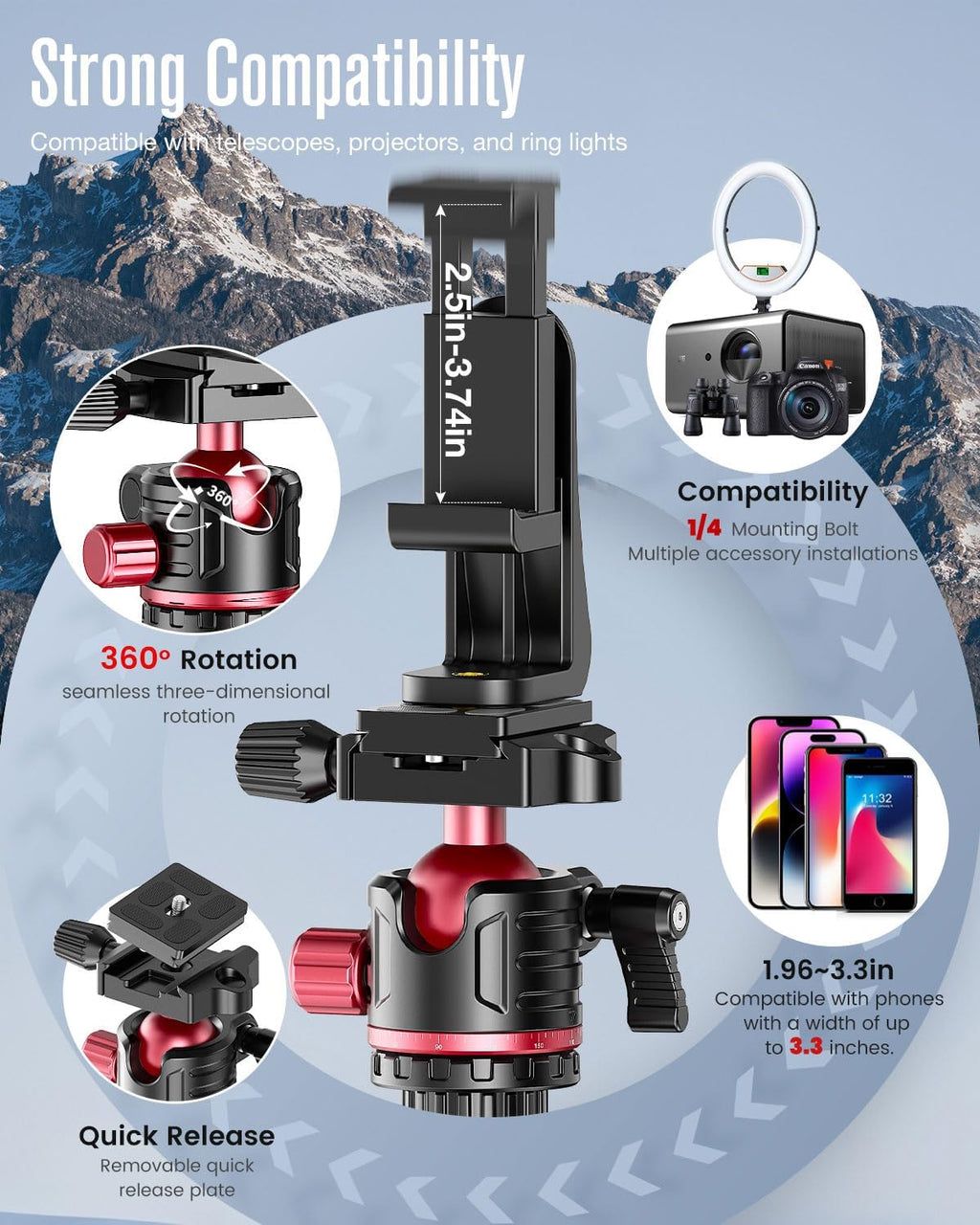 74" Professional Camera Tripod & Monopod with Carry Bag | Ball Head Aluminum Photography DSLR Tripod, Compatible with