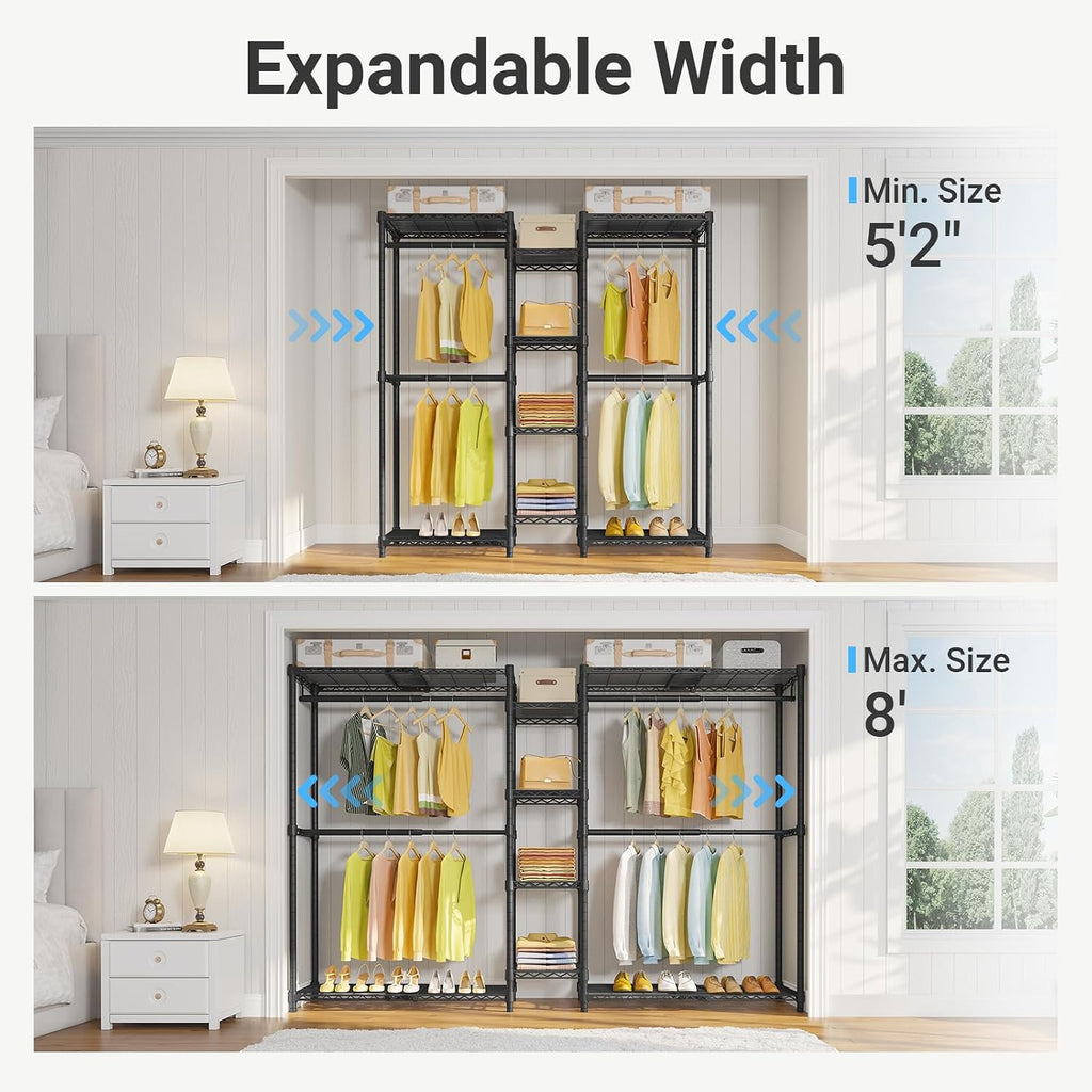 X3 Expandable Heavy Duty Clothes Rack Adjustable from 5'2" to 8' with Adjustable Shelves and Hanger Rods, Large