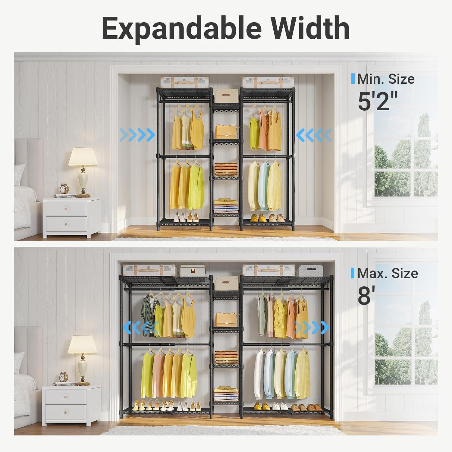 X3 Expandable Heavy Duty Clothes Rack Adjustable from 5'2" to 8' with Adjustable Shelves and Hanger Rods, Large