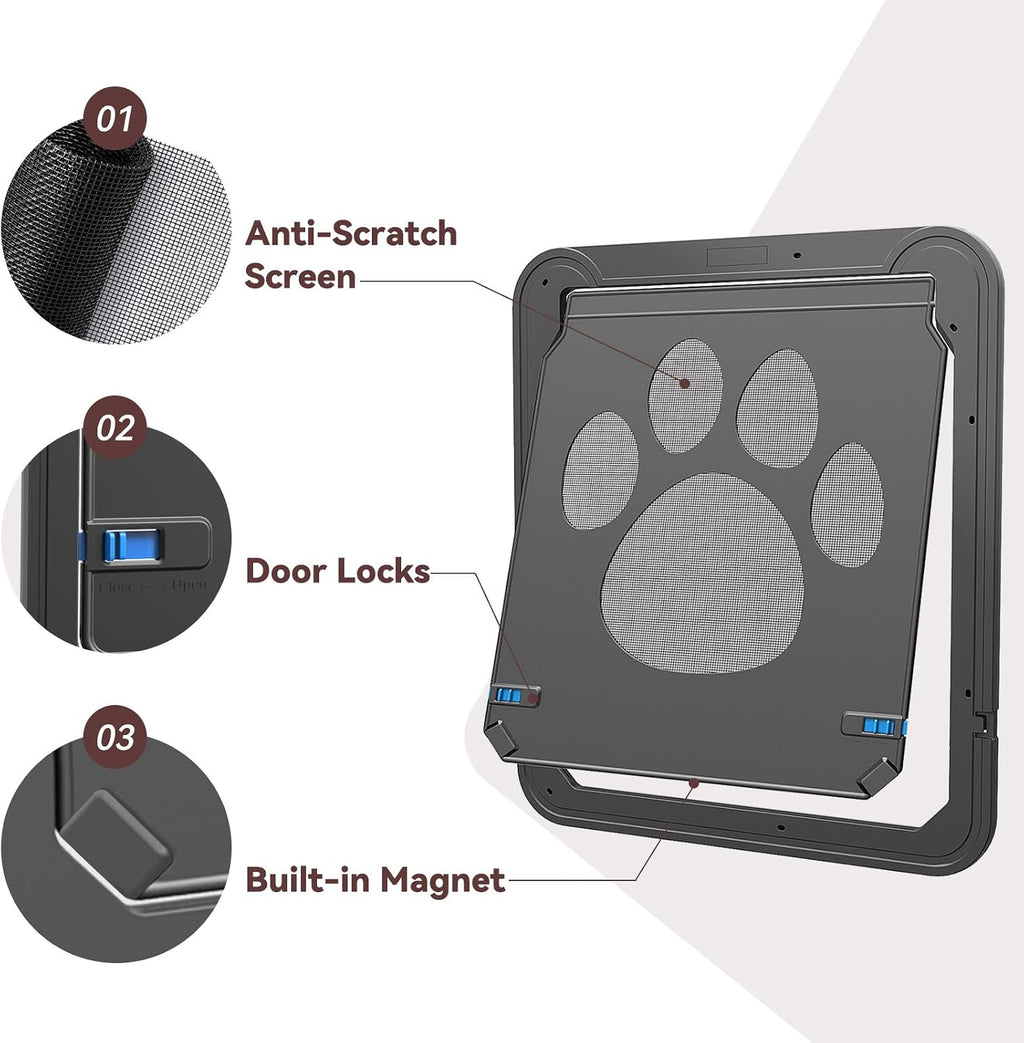 Cat Door for Screen Door, Pet Easy in & Out, Lockable Dog Screen Door with Magnetic Closing Flap Doggy Door for