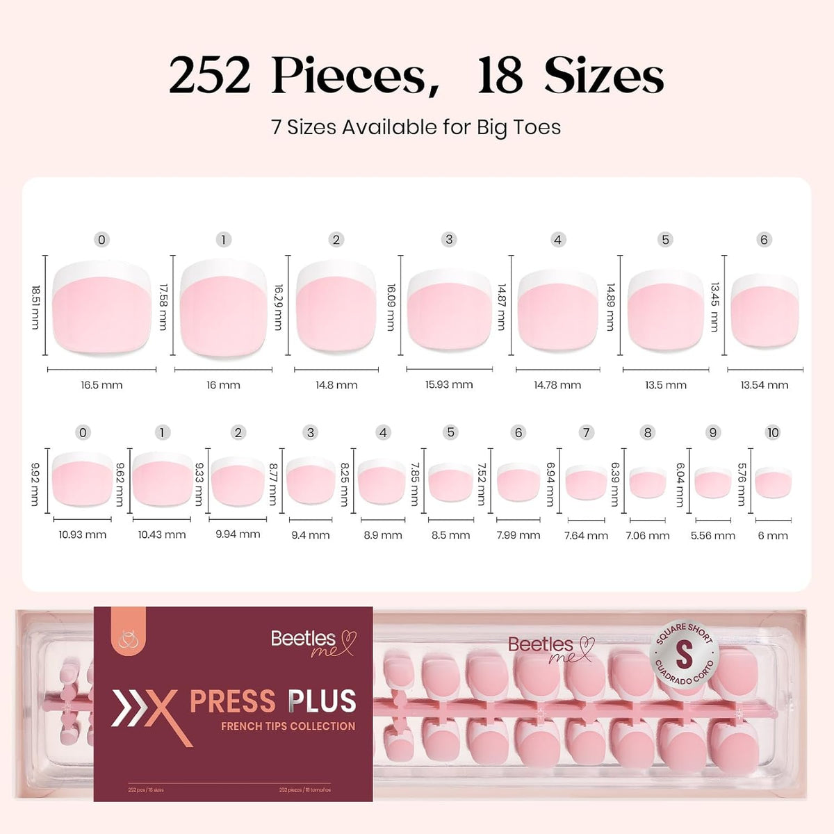 Beetles French Tip Toenails - 252 Pcs Short Square Press On ToeNails