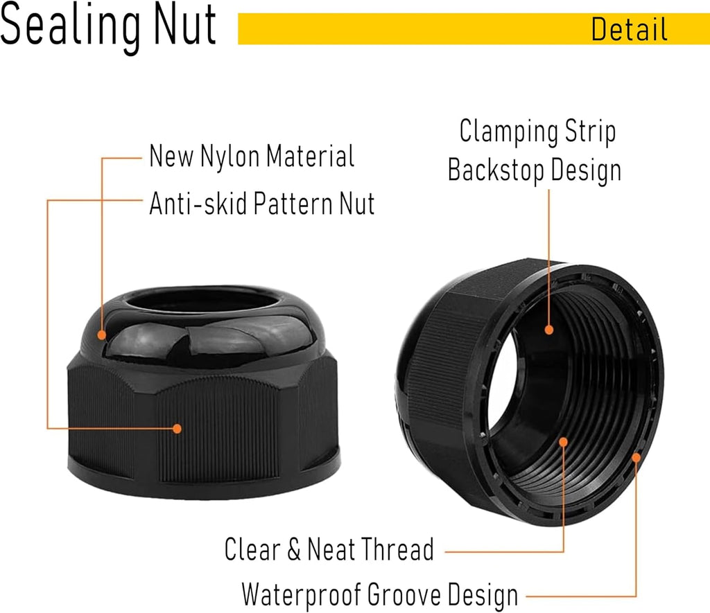 Cable Gland IP68 Waterproof Nylon Cable Connectors with Locknut and Gaskets (PG29)