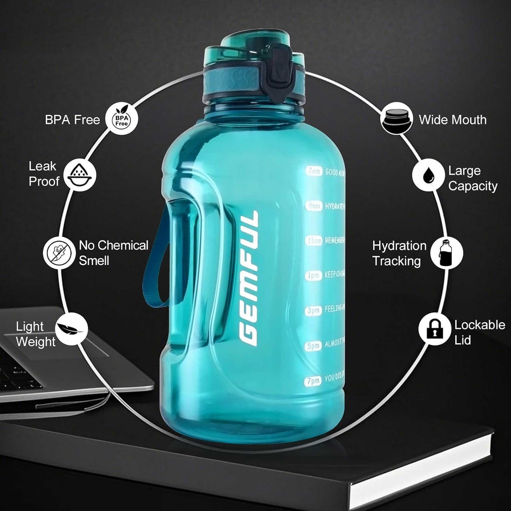 64oz Motivational Water Bottle 2 Liter Sports Jug for Gym (Cyan) | BPA-Free, 64oz Capacity, Time Marker Tracks Daily