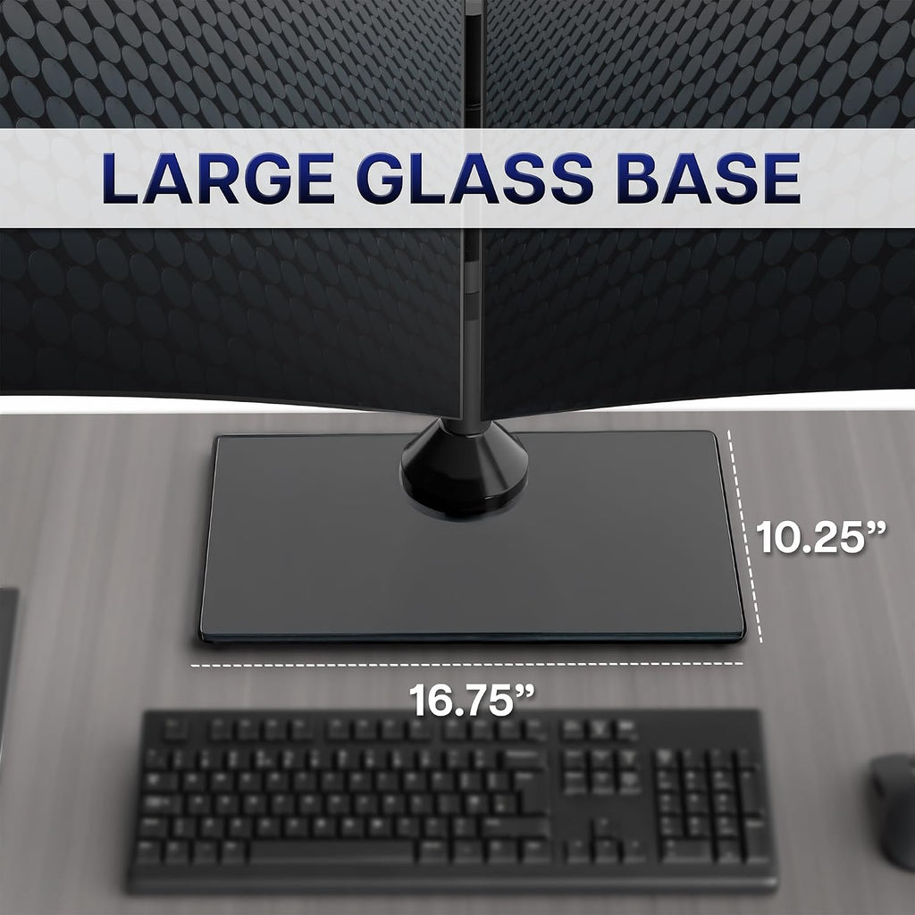 Freestanding Dual Monitor Stand with Sleek Glass Base and Adjustable Arms, Mounts 2 Screens up to 32 inch and 22 lbs