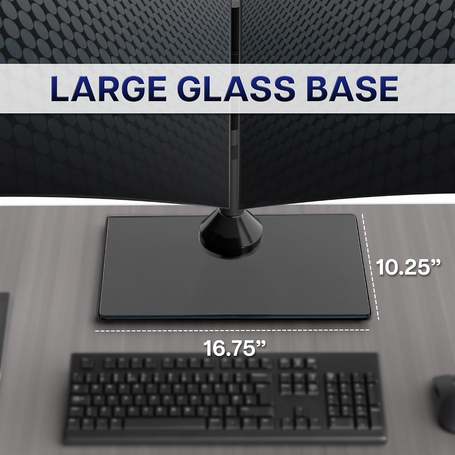 Freestanding Dual Monitor Stand with Sleek Glass Base and Adjustable Arms, Mounts 2 Screens up to 32 inch and 22 lbs