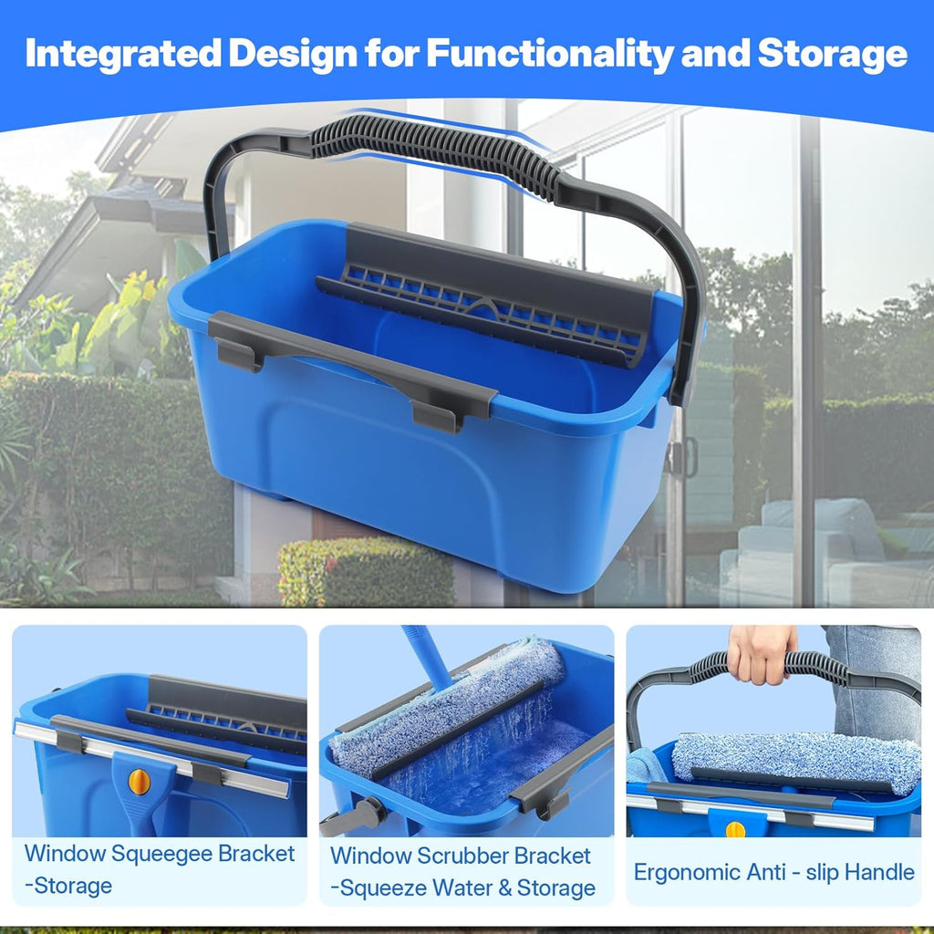 Professional Window Cleaning Kit with Bucket 3 Gallon, 76" Long Handle Window Squeegee and Microfiber Scrubber, High