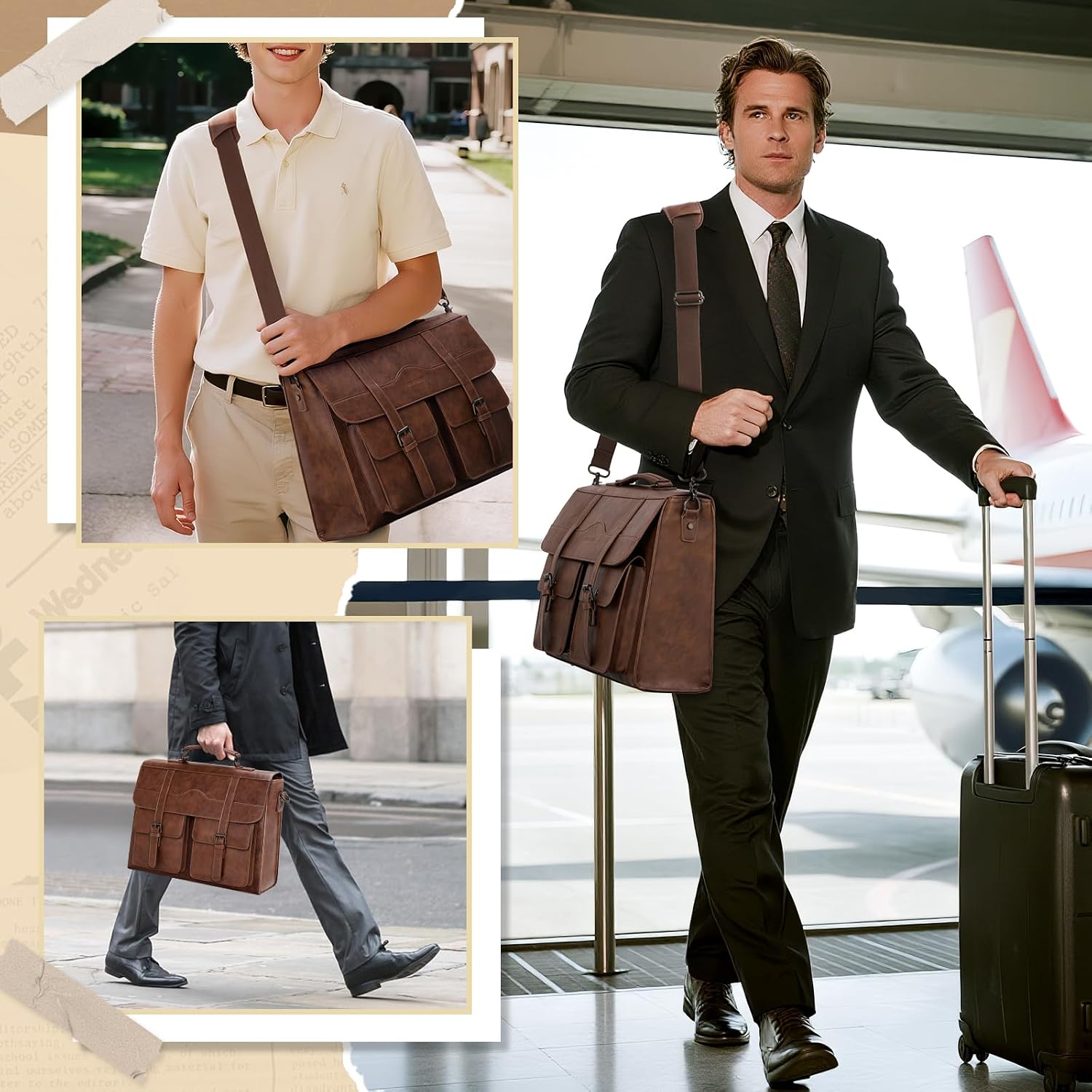 Mens Messenger Bag 17 Inch Vintage Leather Laptop Briefcase Magnetic Closure Large Satchel Computer Shoulder Bag