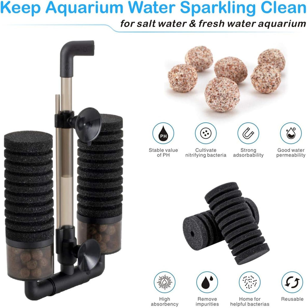 Aquarium Double Sponge Filter, Comes with 2 Spare Sponges, 1 Bag of Bio Ceramic Media Balls, Quiet Submersible Foam