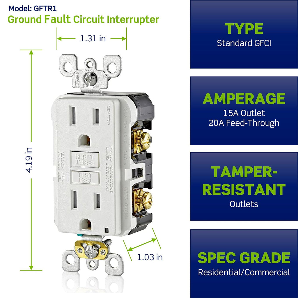 Leviton 20A-125V Extra-Heavy Duty Hospital Grade Tamper-Resistant Duplex Self-Test GFCI Receptacle, 20-Amp, GFTR2-HGW, White