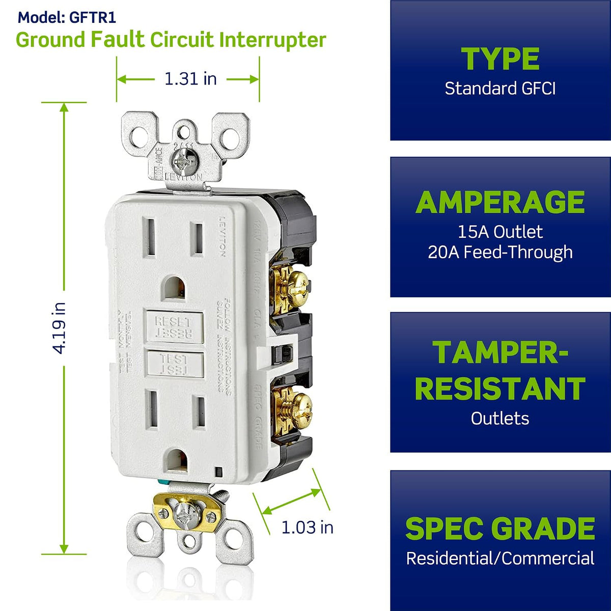 Leviton 20A-125V Extra-Heavy Duty Hospital Grade Tamper-Resistant Duplex Self-Test GFCI Receptacle, 20-Amp, GFTR2-HGW, White