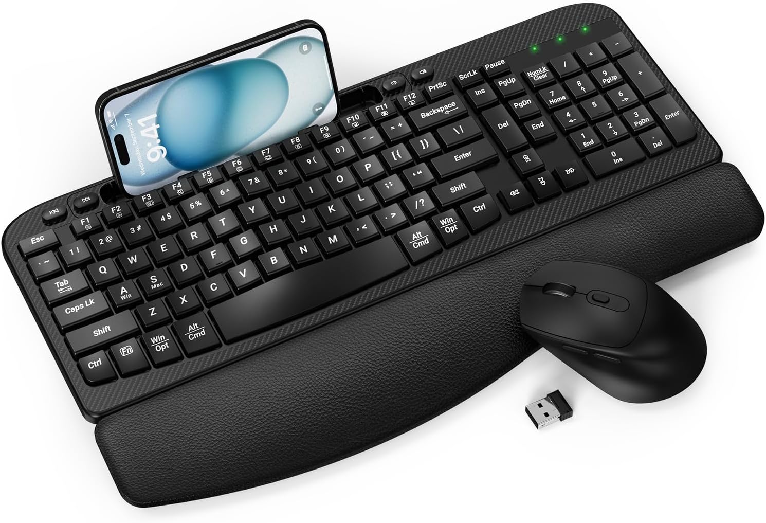 Wireless Keyboard and Mouse Combo, Full-Sized Ergonomic Wave Keys Keyboard with Memory Foam Wrist Rest & Phone