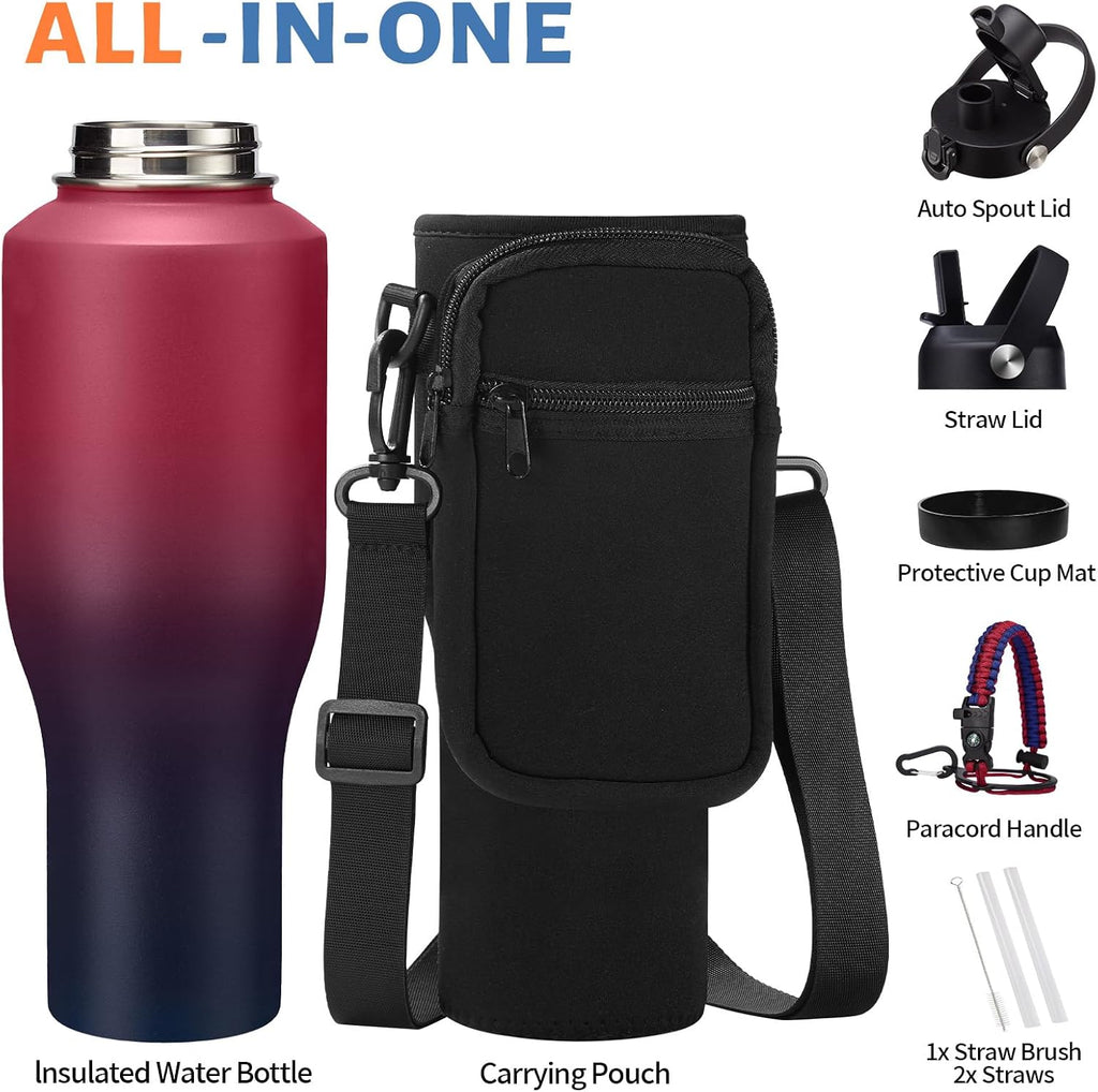Insulated Water Bottle 40 oz - Fits in any Car Cup Holder, Keep Cold 48H Hot 24H, Stainless Steel Waterbottle Double