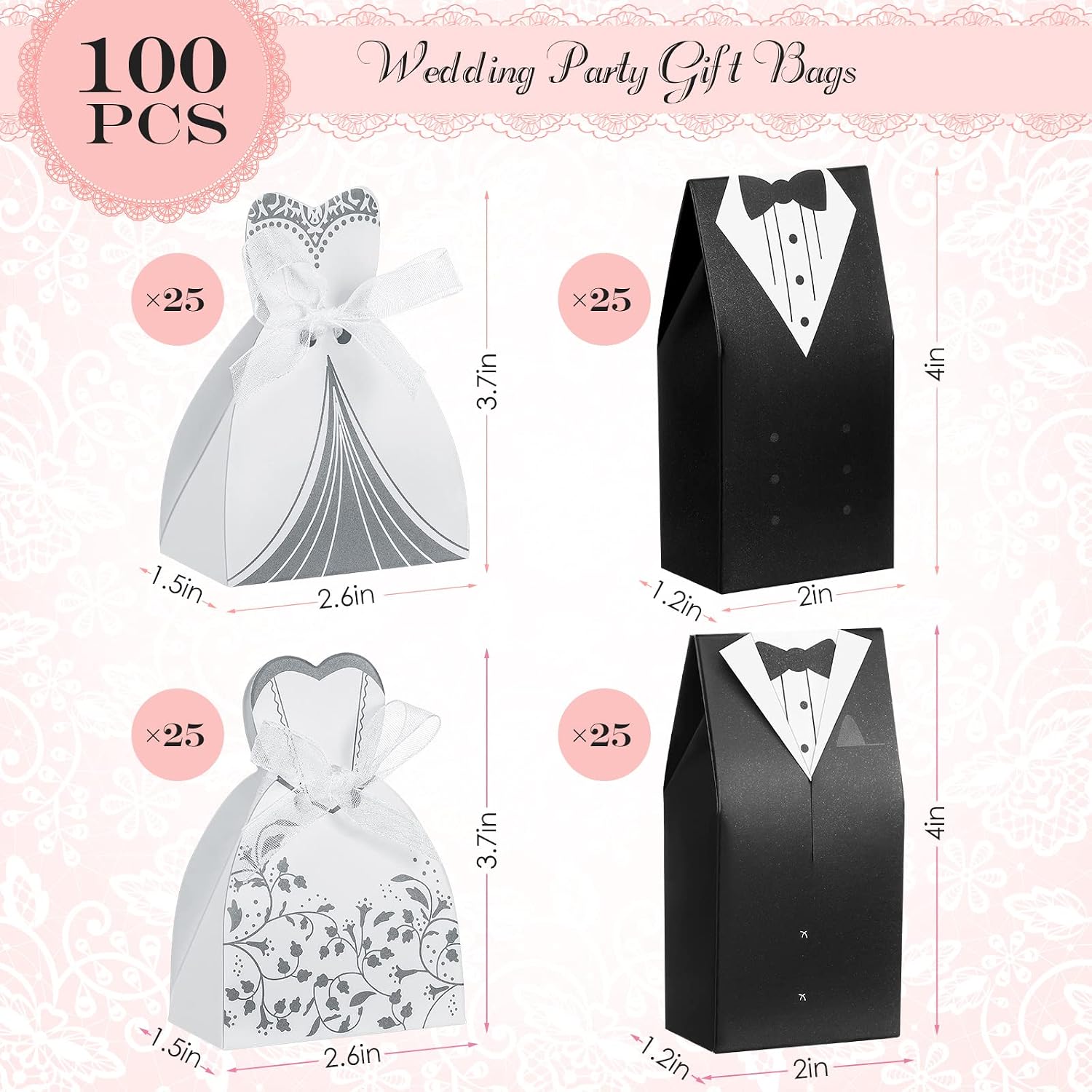 100 Pcs Wedding Party Favor Boxes for Guests, Dress Tuxedo, Stylish