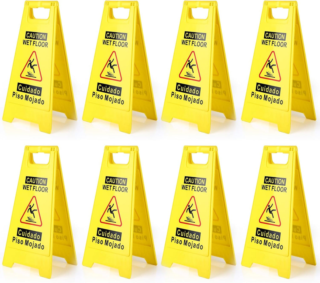 8-Pack Caution Wet Floor Sign,17.5" Height,Bright Yellow Double-Sided Folding A-Shaped Frame Design, Bilingual