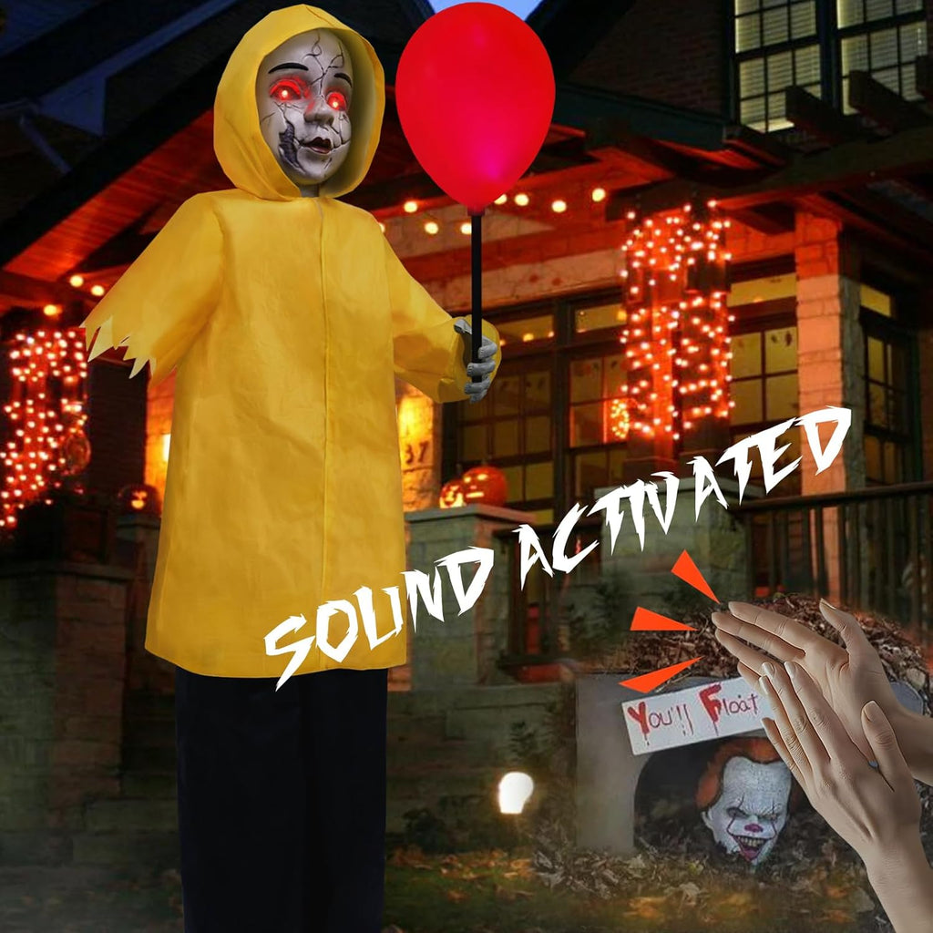 Halloween Decorations Outdoor - 4 Ft Life Size Animatronics Prop | Glowing Balloon Sound-Activated Sensor Scary Decor