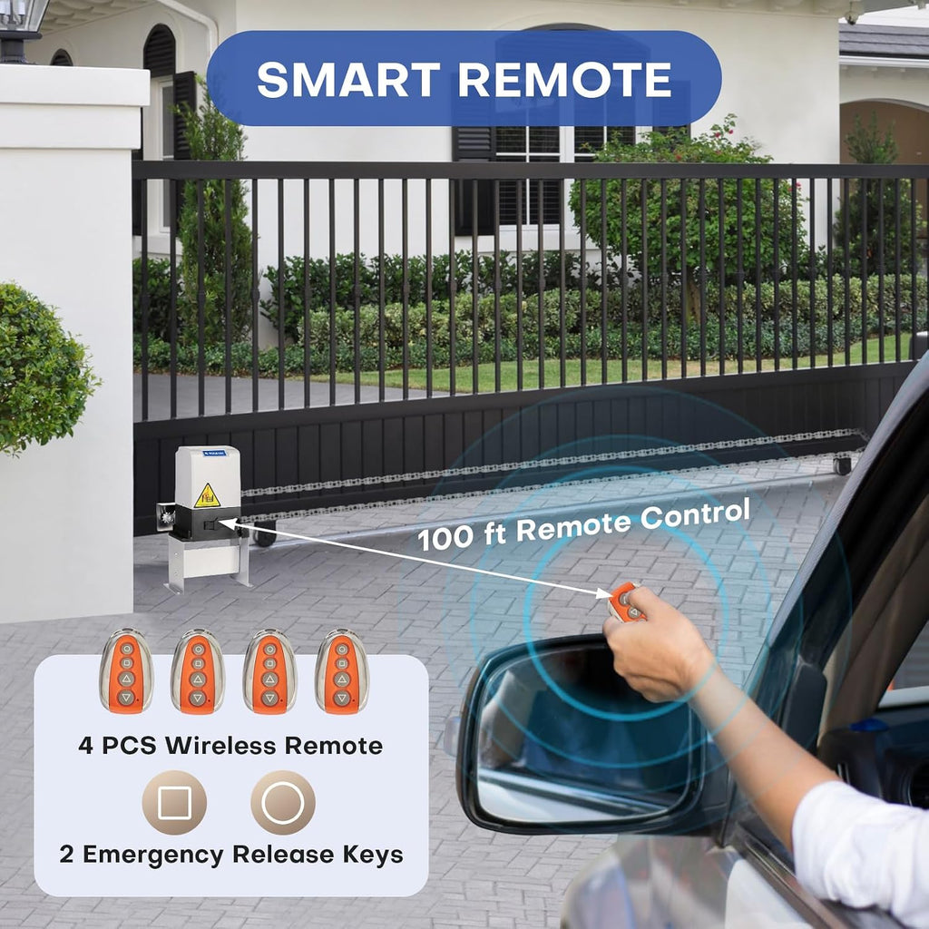 Automatic Sliding Gate Opener, 4400lbs Chain Operated Gate Opening Kit with 4 Remotes, 750W Electric Rolling Driveway