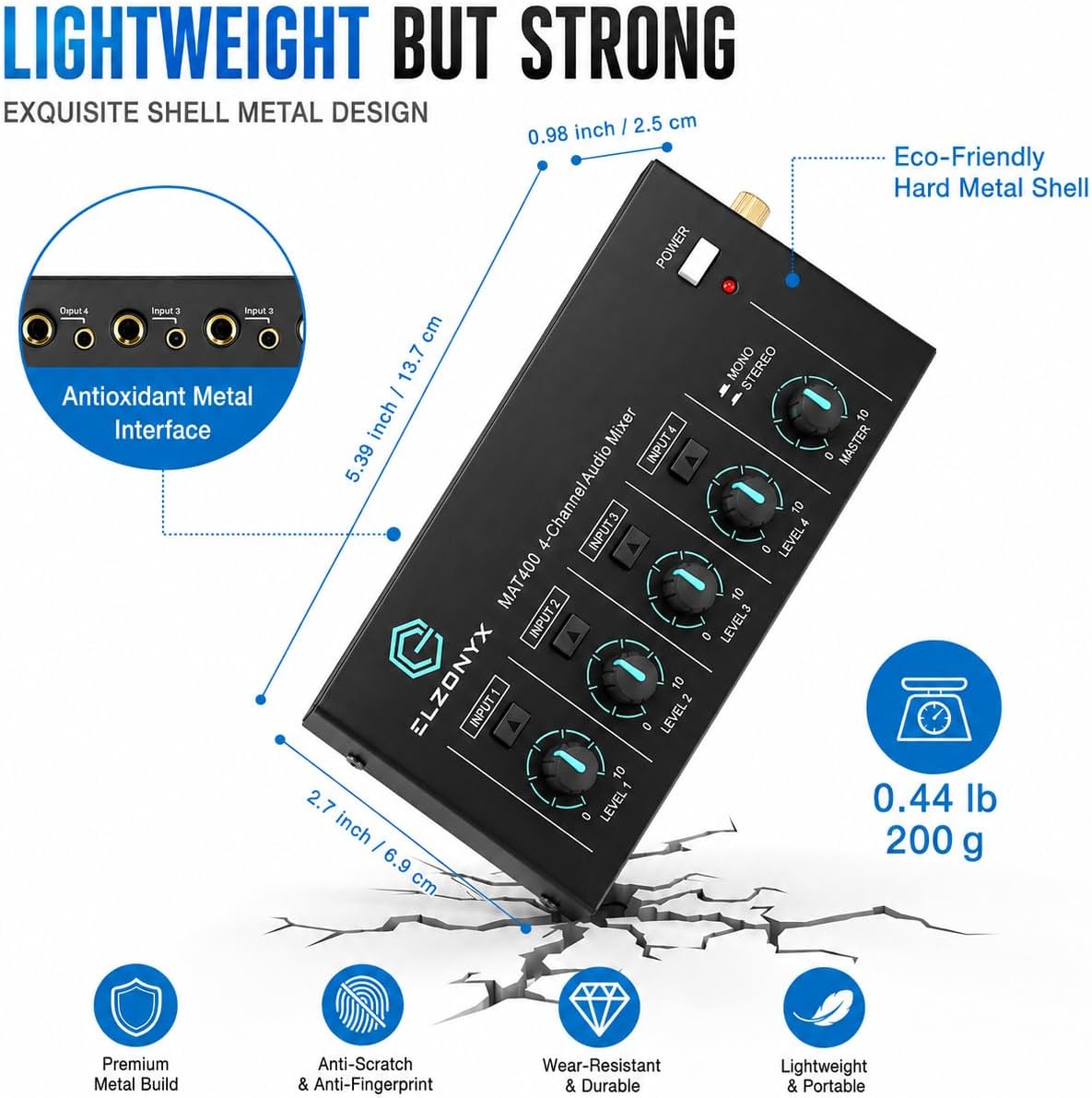 4 Channel Mini Audio Mixer, Stereo Line Mixer with Mono/Stereo Switch, Ultra-Low Noise Sub-Mixer, 1/4" & 1/8" TS/TRS