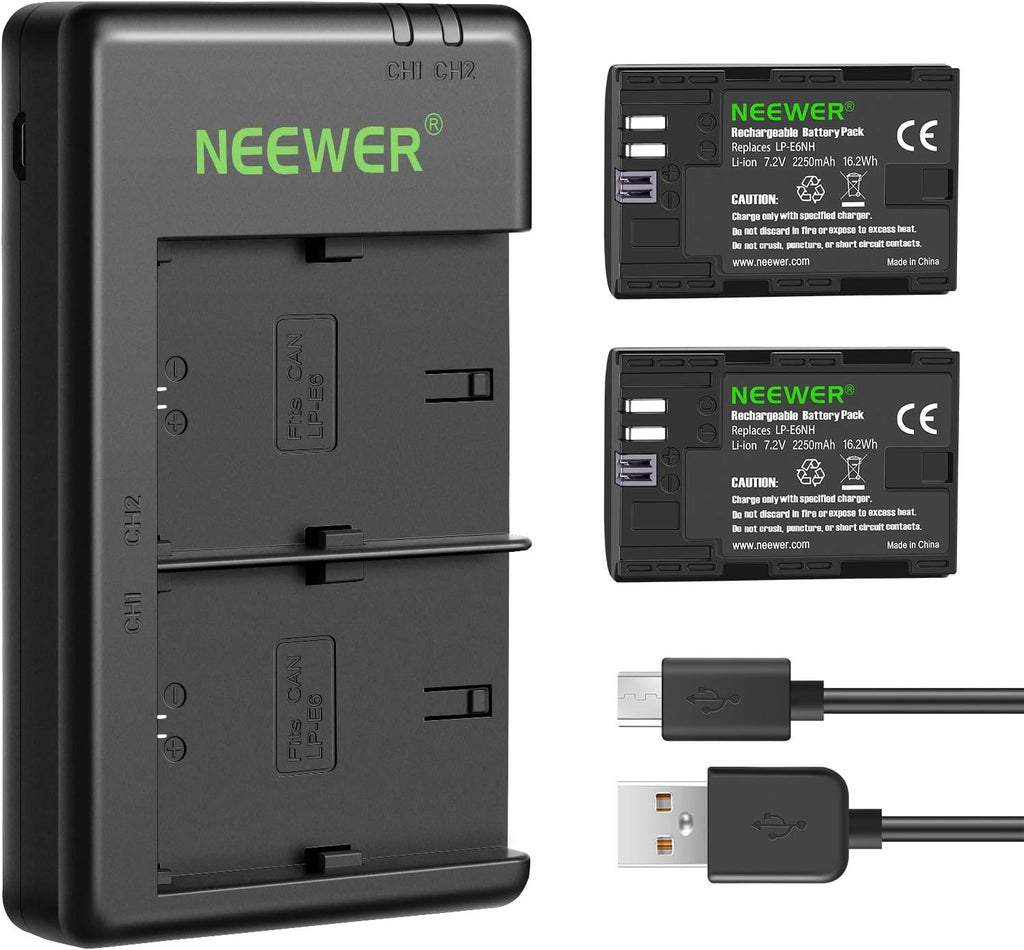 Replacement Battery and Charger Set for LP-E6NH, Compatible with Canon EOS R7, R5, R6, 5D II, 6D, 7D, 70D, 80D, 90D