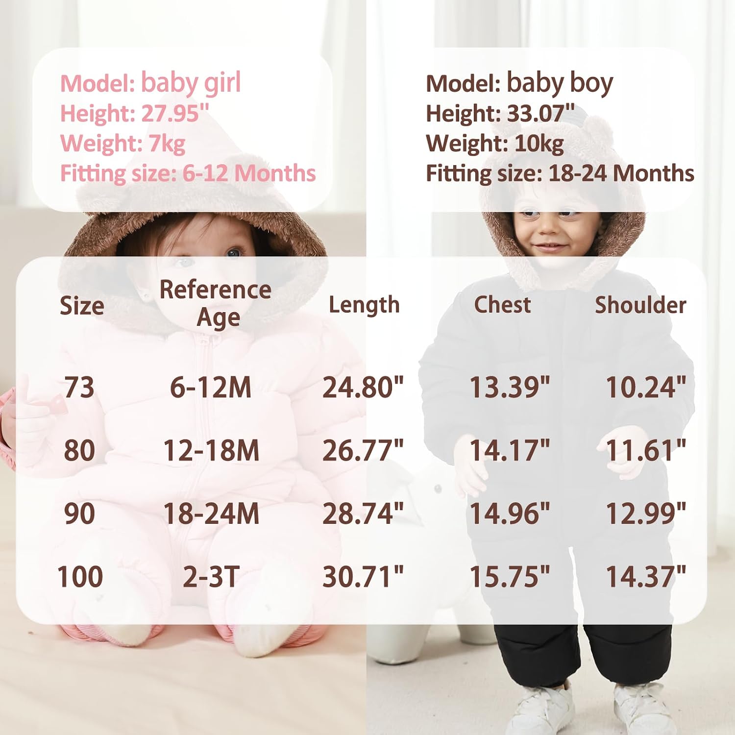 Baby Boys Girls Snowsuit Winter Clothes Suit Hooded Jumpsuit Romper Bear Outfit Infant Warm Coat Outwear Overcoat