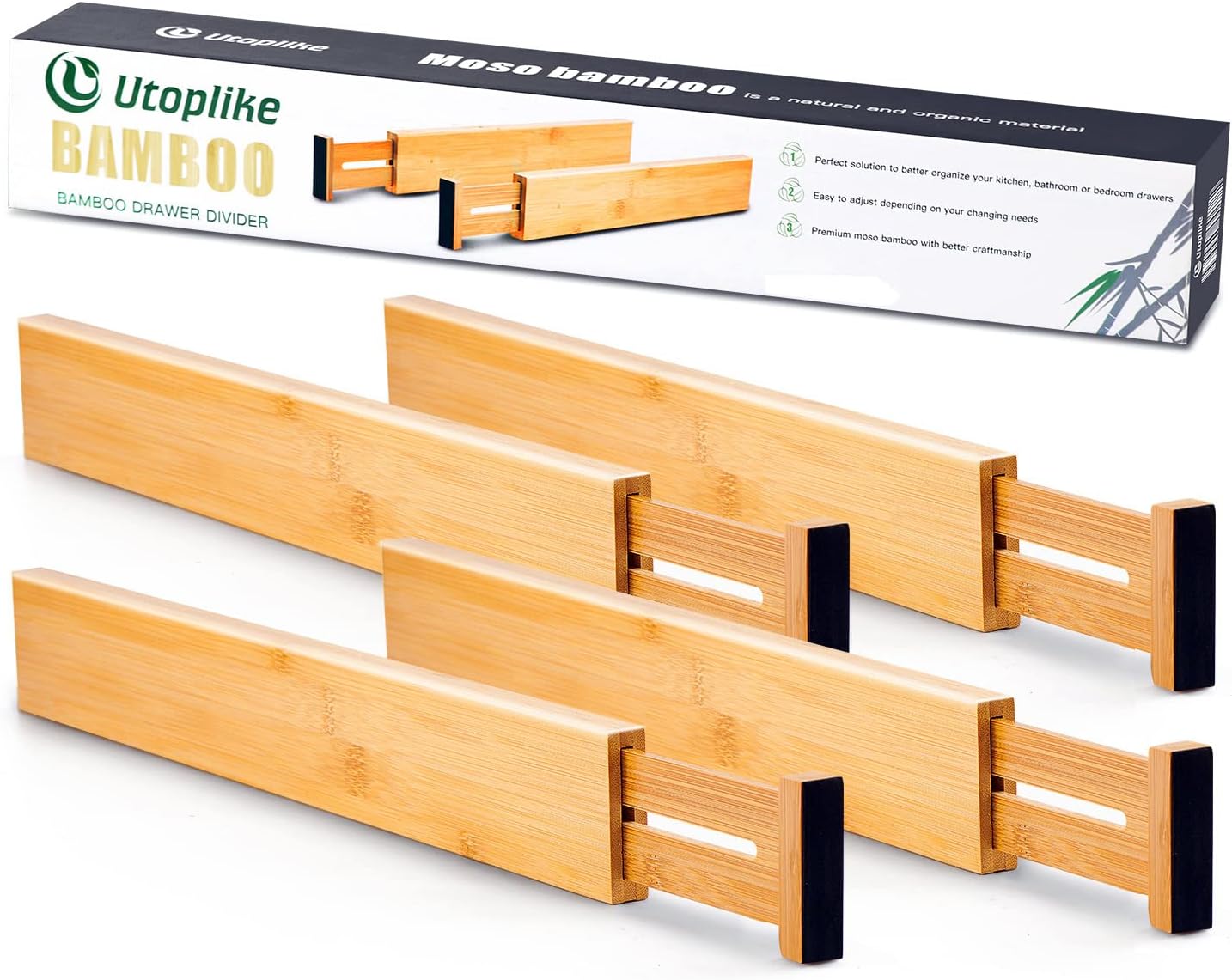 4 pcs Bamboo Kitchen Drawer Dividers Large, Adjustable Drawer Organizers, Spring Loaded, Expandable Organization